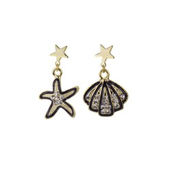 Aretes de Chapa de Oro Estrella y Concha de Mar Esmaltado Negro