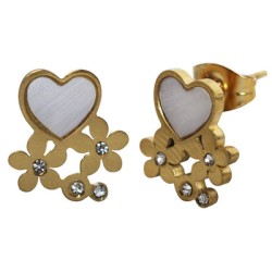 Arete Acero Inoxidable Dorado con Concha Corazon con Flores