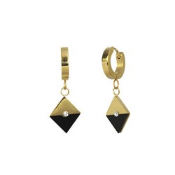 Arete Huggies Acero Inoxidable Dorado Rombo Bicolor Negro con Cristal 33x13 mm