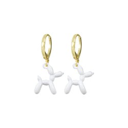 Aretes Acero Inoxidable Dorado con Dije Esmaltado Perrito Globo Blanco